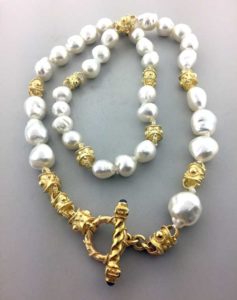 Custom Pearl Necklace Combining 18kt Yellow Gold Bracelet with Baroque Pearls East Towne Jewelers MEquon WI